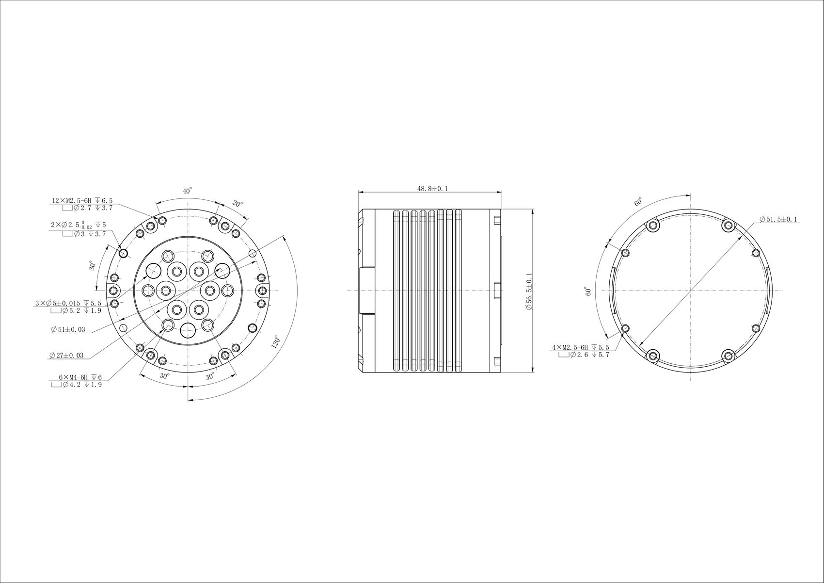 JM030 外形尺寸图,标注壳体直径 56.5 mm、高 48.8 mm、安装孔位与输出法兰尺寸